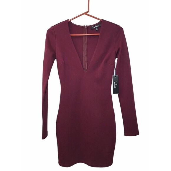 Lulus Bodycon Dress Mini Short Size XS Burgundy Long Sleeve Knit Deep V-Neck - Picture 5 of 16